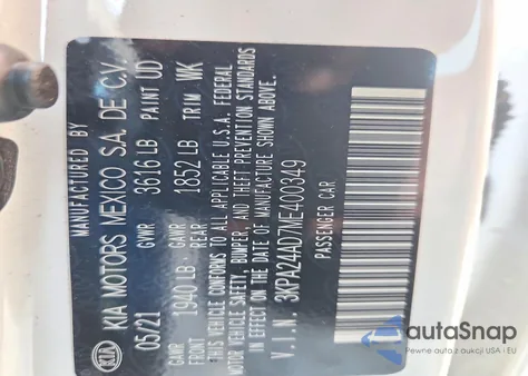 2021 Kia Rio S z USA, uszkodzony, nr VIN 3KPA24AD7ME400349